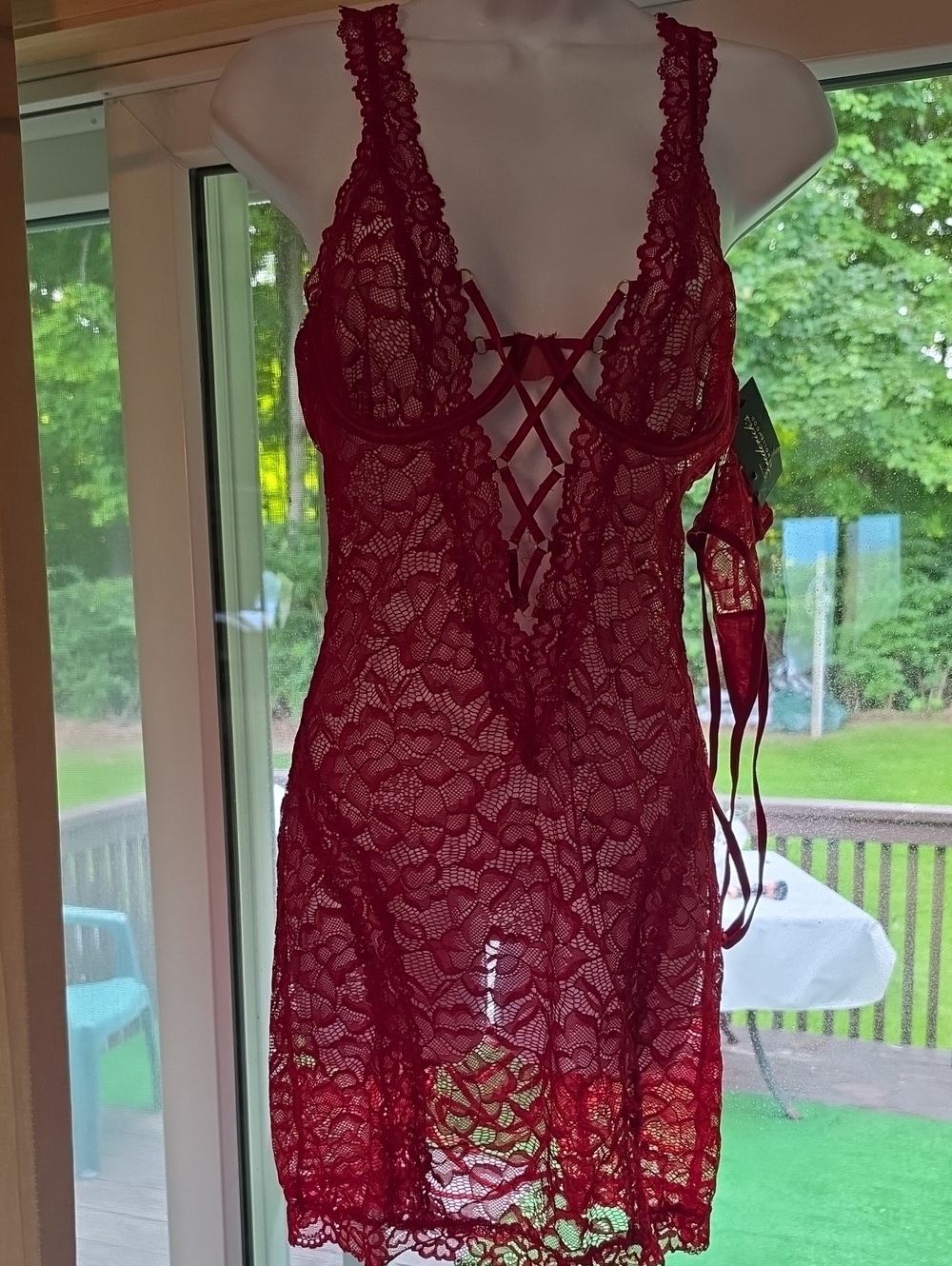 Frederick's of Hollywood Red Lace Plunge Chemise with Crisscross Front